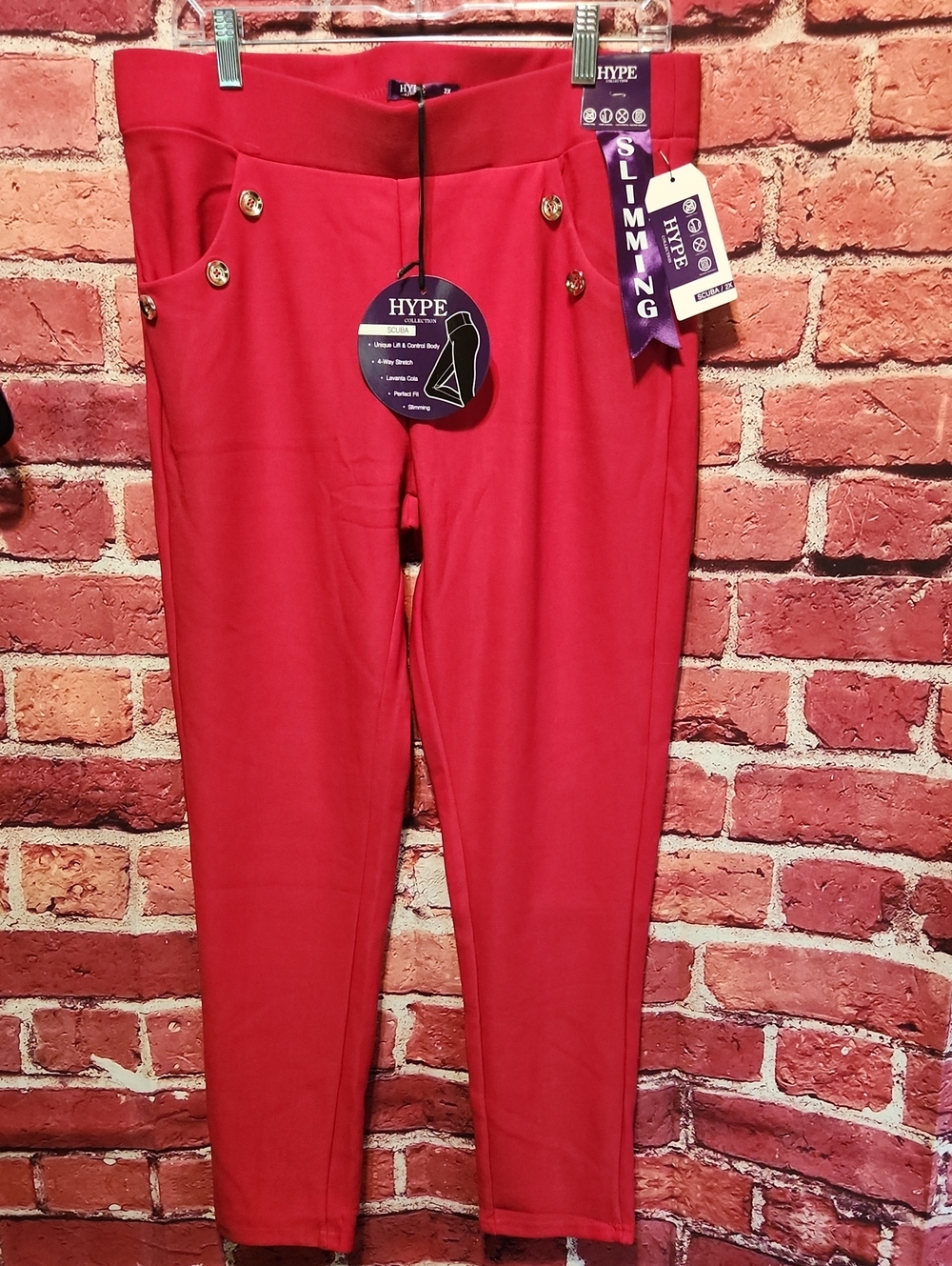 Hype Red Slim Ponte Leggings with Gold Button Accents